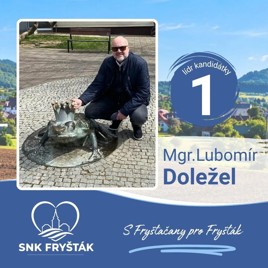 Lubomír Doležel u sochy žáby